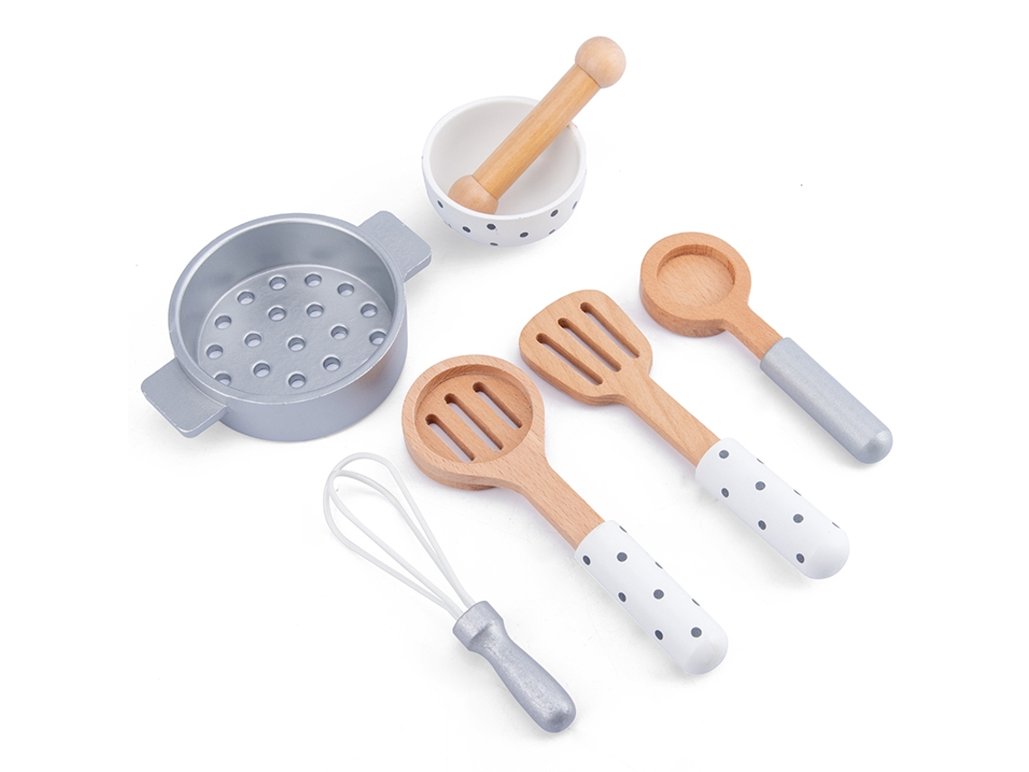 Juguetes infantiles que simulan cocinas, ollas, sartenes y cuencos de madera. Mdug (Utensilios de cocina).