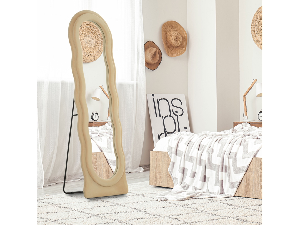 Espelho de Corpo Inteiro 160x50 Cm com Moldura em Veludo Ondulado para Sala de Estar e Quarto, Bege. PMM CAPITALI