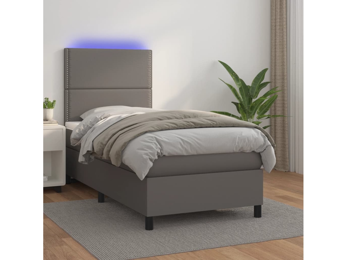 Cama Box Spring Y Colchón Led Cuero Sintético Gris 90x200 Cm