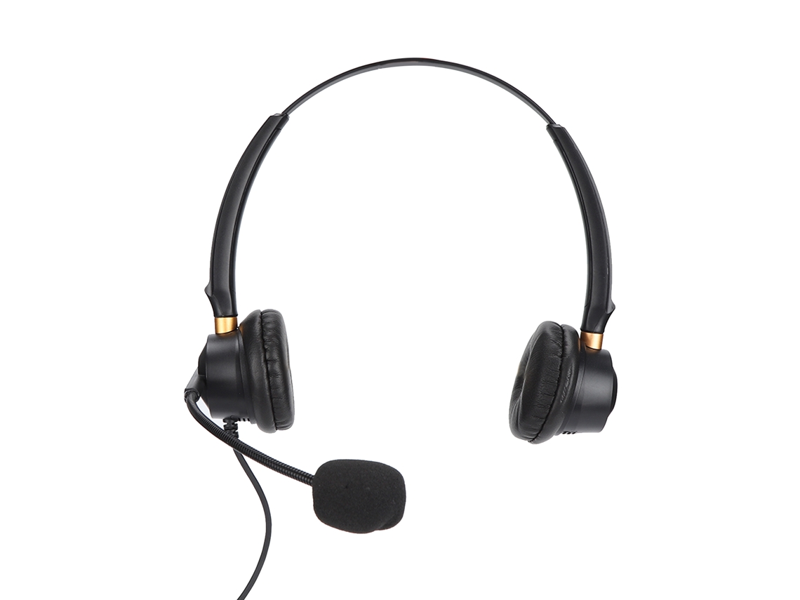 Fone de ouvido com microfone ajustável e controle de áudio para central de atendimento e mesa de escritório.