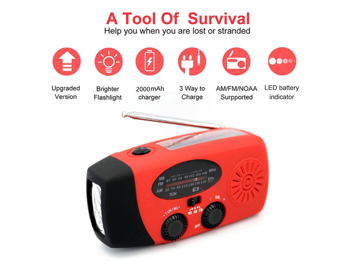 Radio portátil de emergencia AM/FM con manivela, dinamo, carga solar, linterna LED, alarma SOS y batería externa de 2000 mAh. Viewleaf