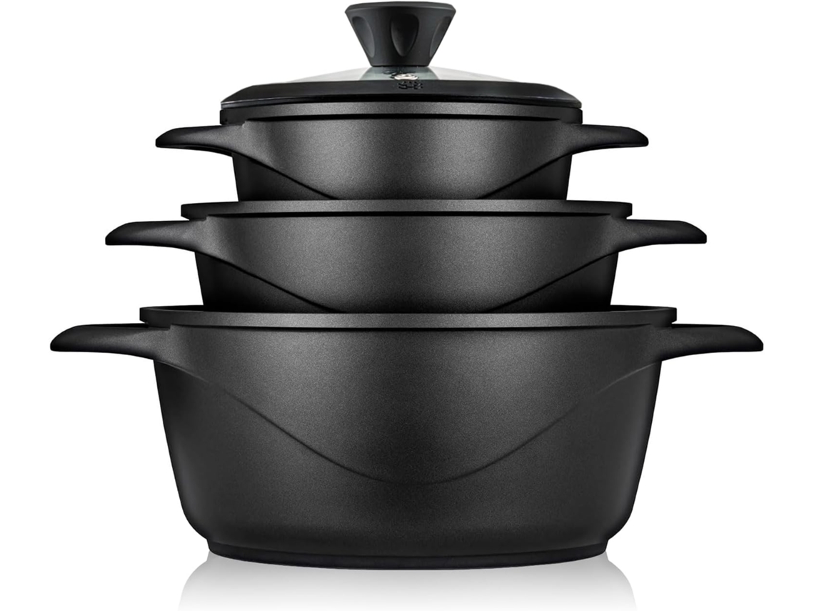 Batería De Cocina Inducción 6 Piezas Aluminio Fundido 3 Ollas Con Tapa De Cristal Antiadherente Briebe Mgk-18s Negro