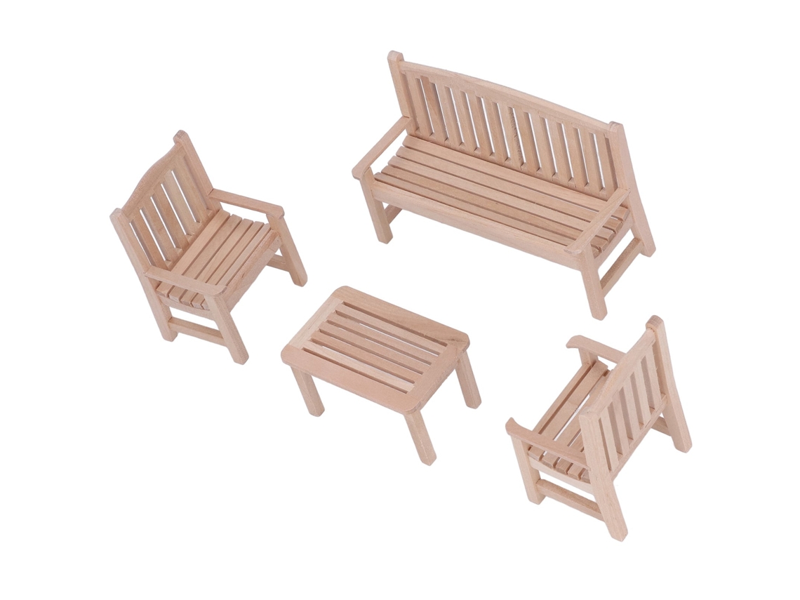 Juego De Muebles En Miniatura Para Casa De Muñecas De 4 Piezas: Banco De Madera, Silla, Mesa Y Jardín - Escala 1:12
