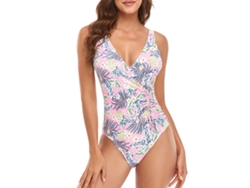 Traje de baño rosa claro de manga corta para mujer con cinturón ajustable, talla M