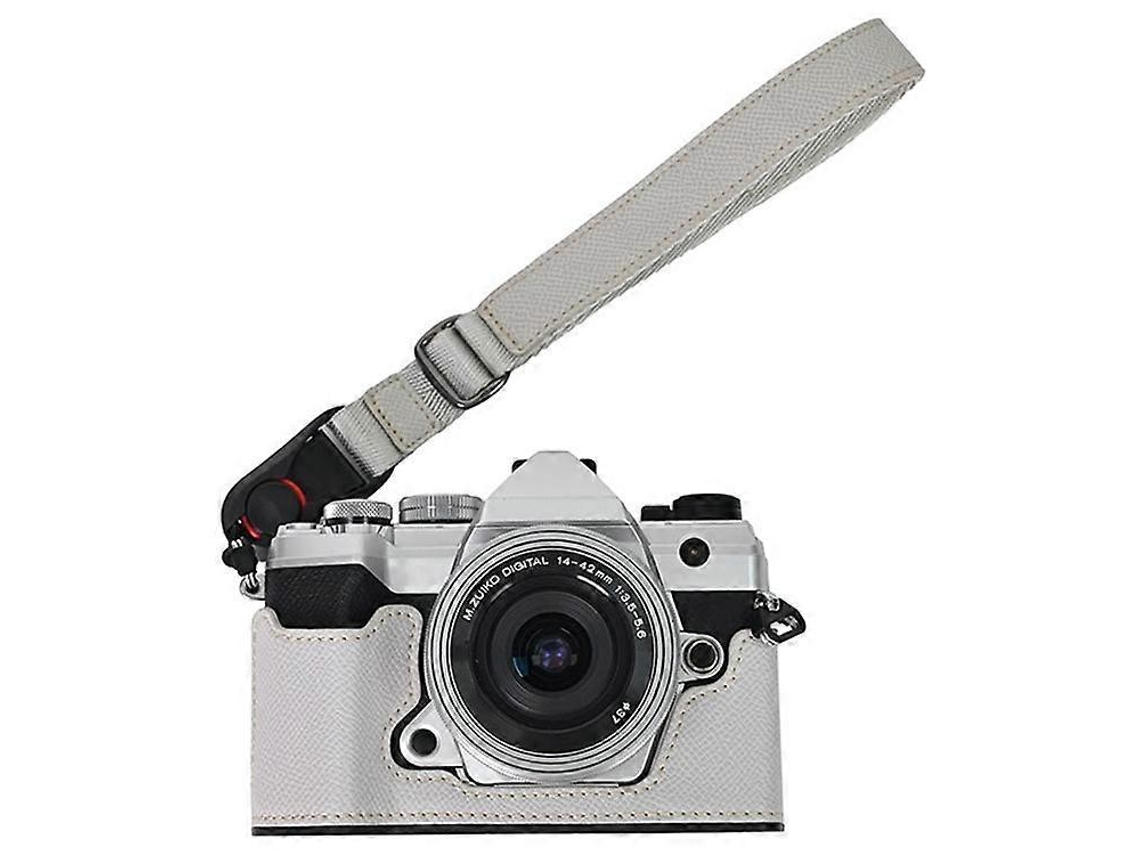 Estuche de cuero para cámara Olympus OM 5, ranura para batería, medio cuerpo, tapa inferior con correa de mano Facpoet