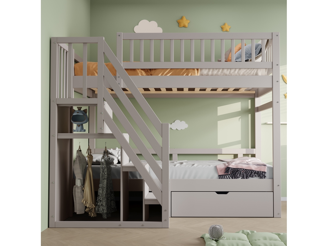Litera de madera maciza de 90 x 200 cm con barrera protectora, somier de láminas, escalera con espacio de almacenaje y cajones, color gris.