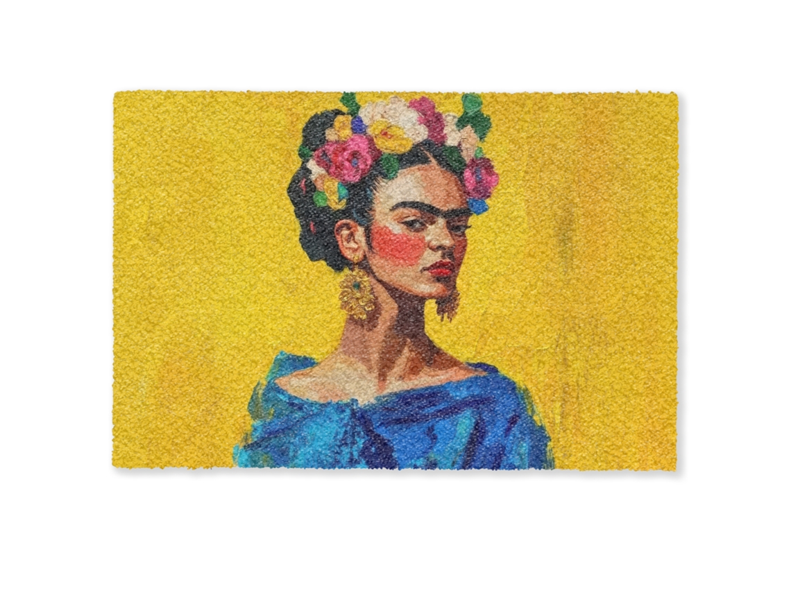 Felpudo Frida Kahlo - Mujer - Amarillo - Azul - Flores 90x60