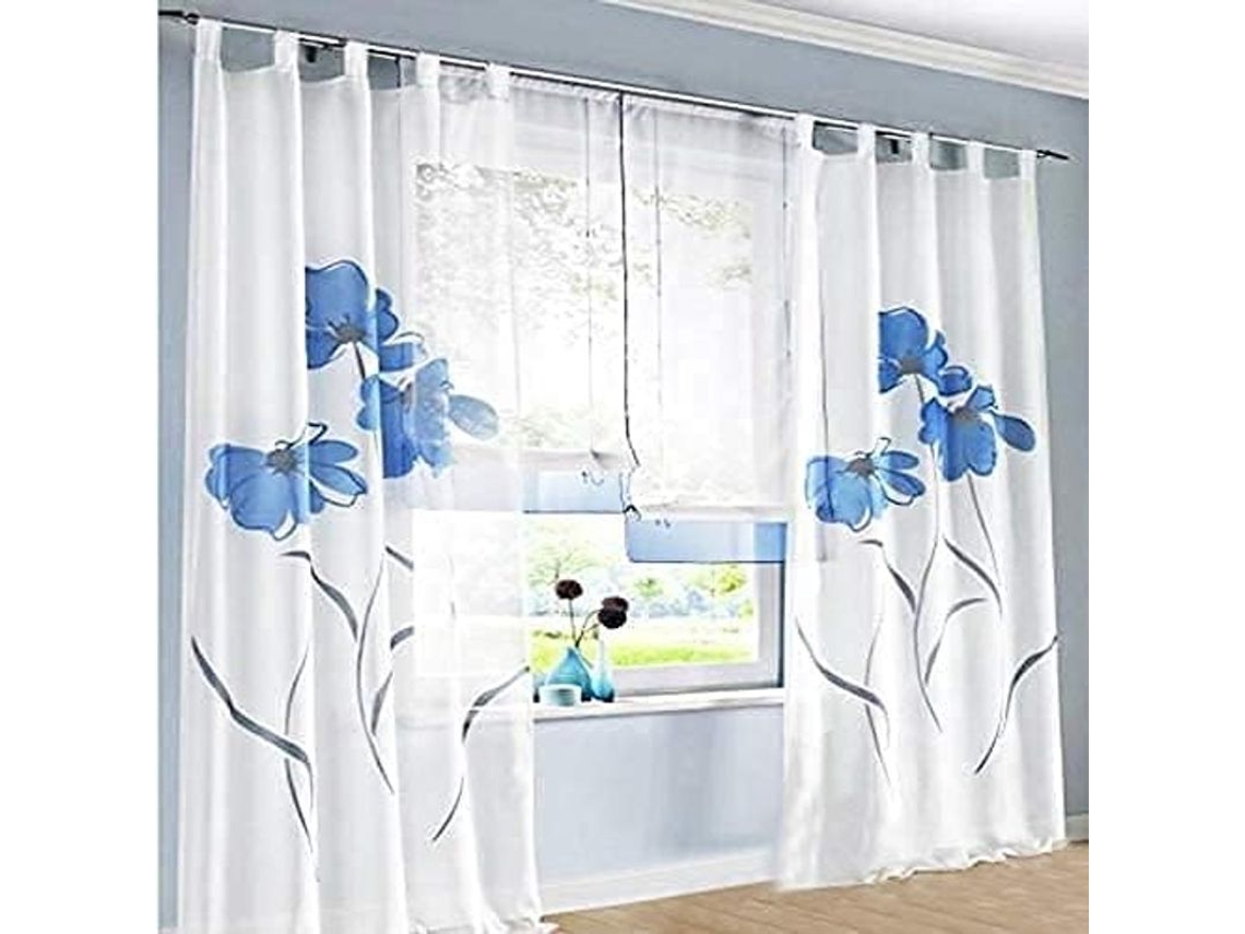 2026-3613-cortinas De Sala Linjou 2 Piezas Estampado Floral Mano Tela Poliéster 150x145cm Azul Semitransparentes 150*145cm Azul
