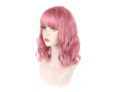 Peluca De Pelo Rizado Suave Rosa Claro Con Franja Para Mujer