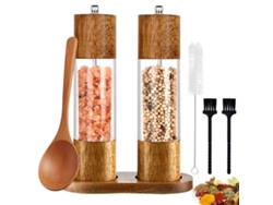 Juego de molinillo de sal y pimienta de madera, molinillo manual con molienda de cerámica, soporte para molinillo, cuchara y cepillo de limpieza.