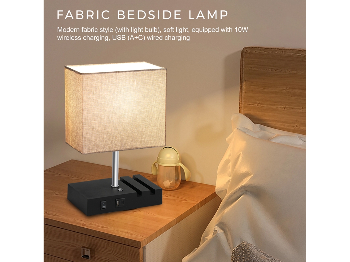 2026-lámpara De Mesa De Noche Neoglint Con Tela, Carga Inalámbrica 10w, Puertos Usb Y Type-c, Bombilla Led Blanco Cálido, Control Táctil