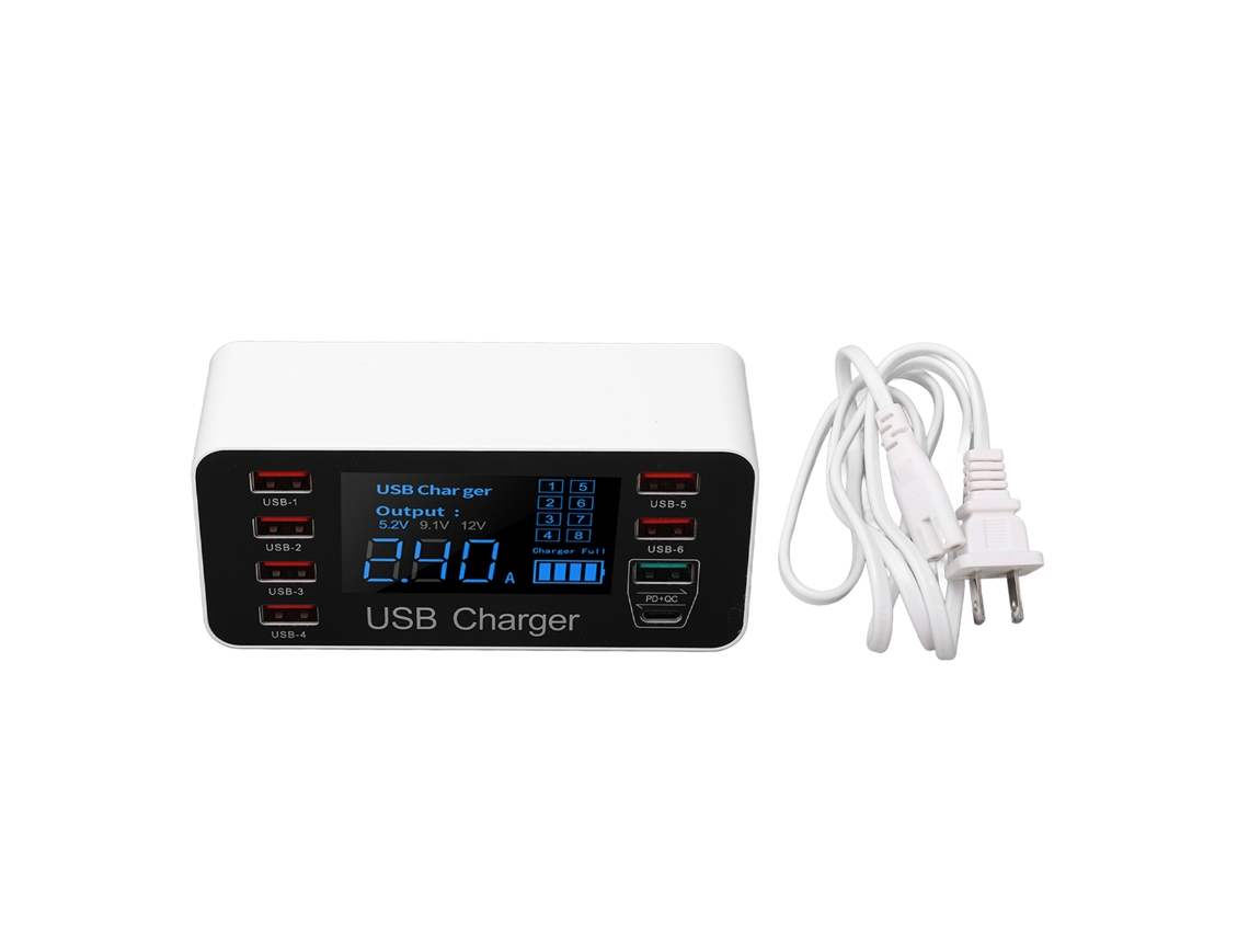 Estação De Carregamento Usb 40w 8 Portas 6xusb 1xqc3.0 1xpd Com Display Led Inteligente Plug Us
