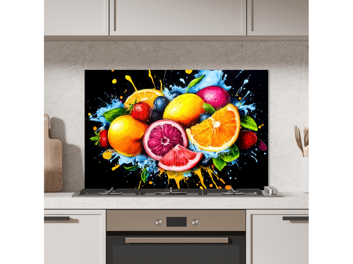 Panel Antisalpicaduras Cocina Fruta - Graffiti - Colorido - Naranja - Fresa - Abstracto 90x60 Cm