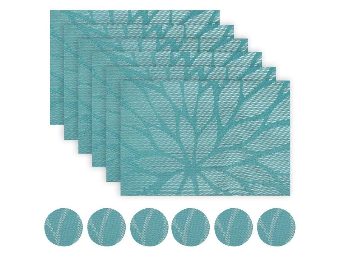 2026-33813-set De 6 Manteles De Vinilo Tejido Resistente Al Calor Antideslizantes Color Azul-verde