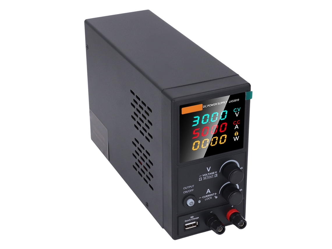 Fuente de alimentación CC variable de 0-30 V y 0-10 A con pantalla LED de 4 dígitos y puerto USB de alta precisión de 5 V y 2 A.
