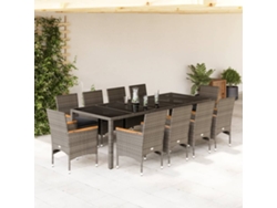 Juego de comedor de jardín de 11 piezas con cojines, mimbre, polietileno y vidrio, gris, Dkd Home Decor