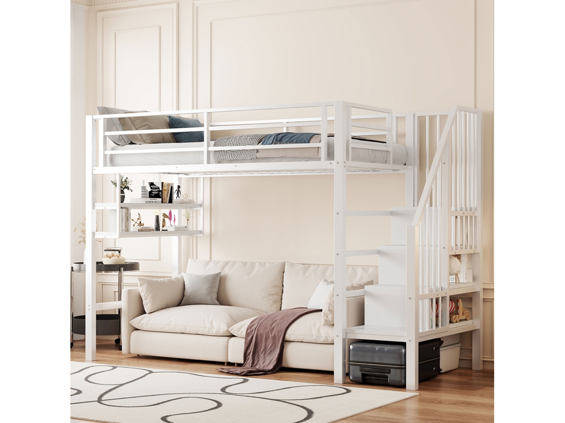 Cama Alta De 90x200 Con Estantes, Escalera Y Almacenamiento, Color Blanco. Colchón No Incluido.