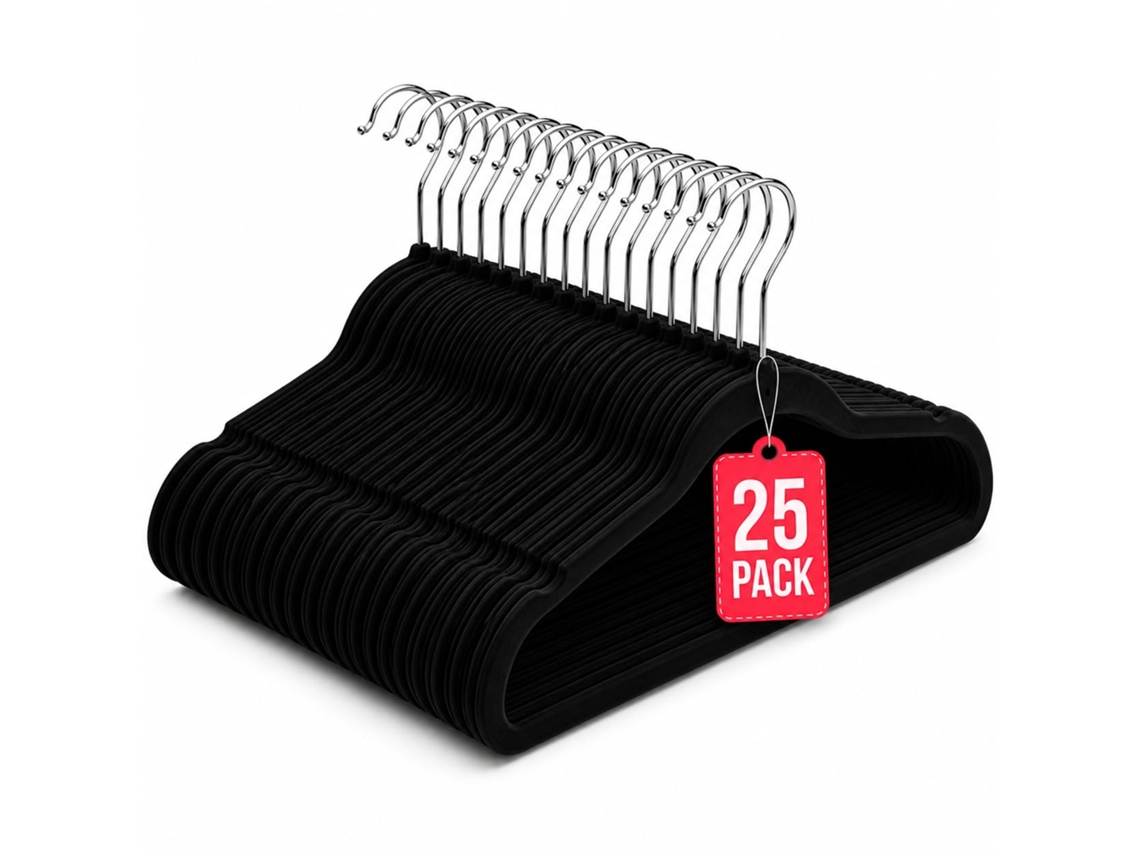 Com-fort House Perchas De Terciopelo Antideslizantes Pack 25 – Negro – Ultrafinas Ahorra Espacio – Gancho Giratorio 360° – Perchas Para Ropa, Trajes, Vestidos Y Camisas