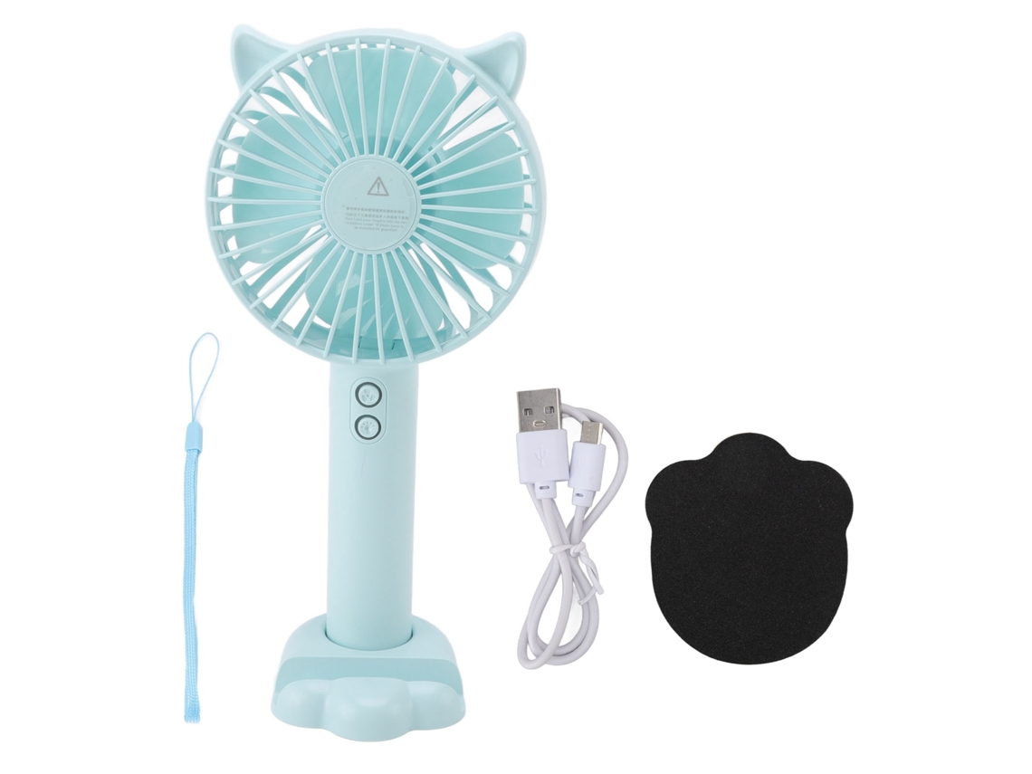 Ventilador portátil recargable por USB, 3 velocidades, azul claro.