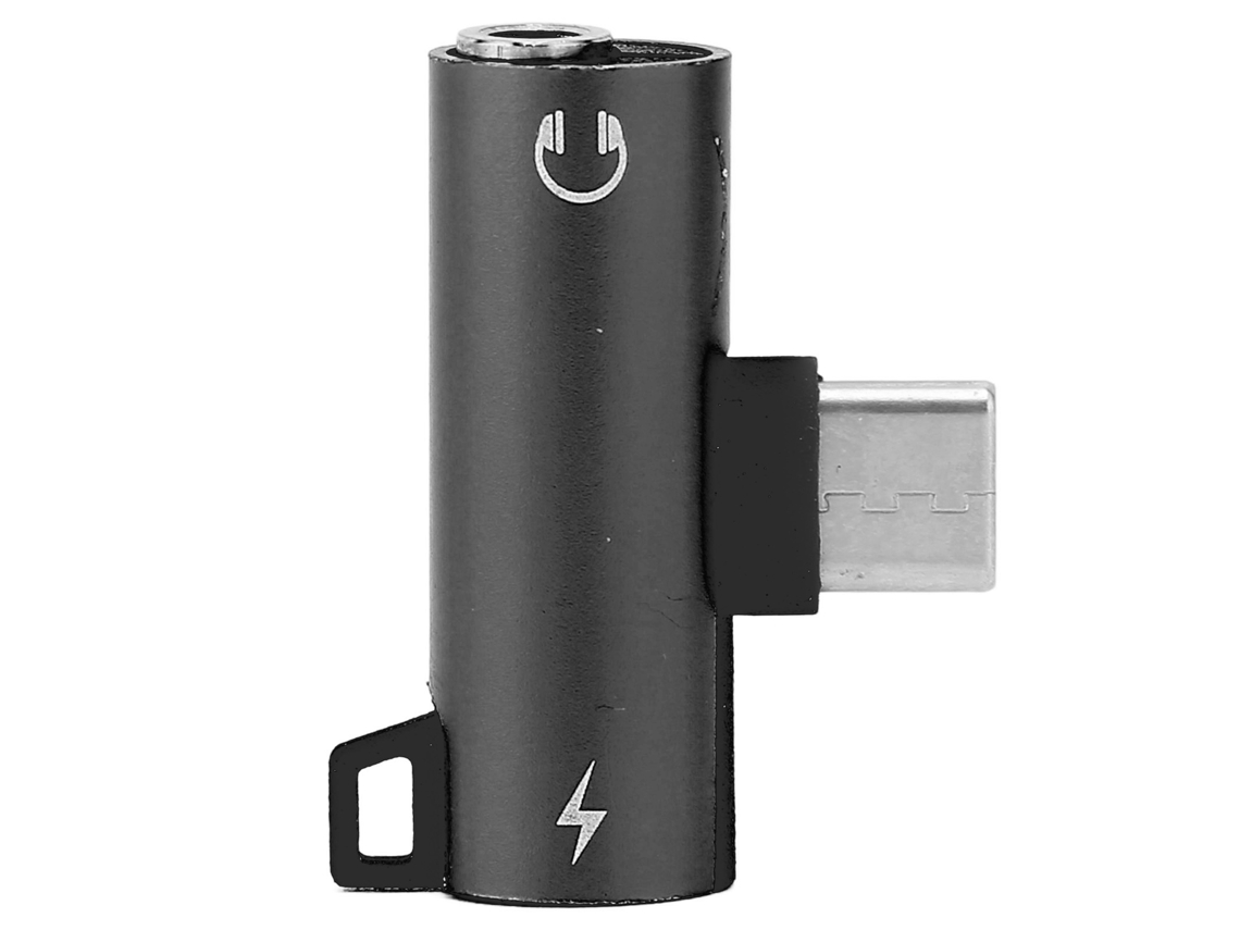 Adaptador de auriculares USB-C a 3,5 mm 2 en 1 con cargador y conector de audio HiFi y carga rápida PD (modelo 2026) color negro.