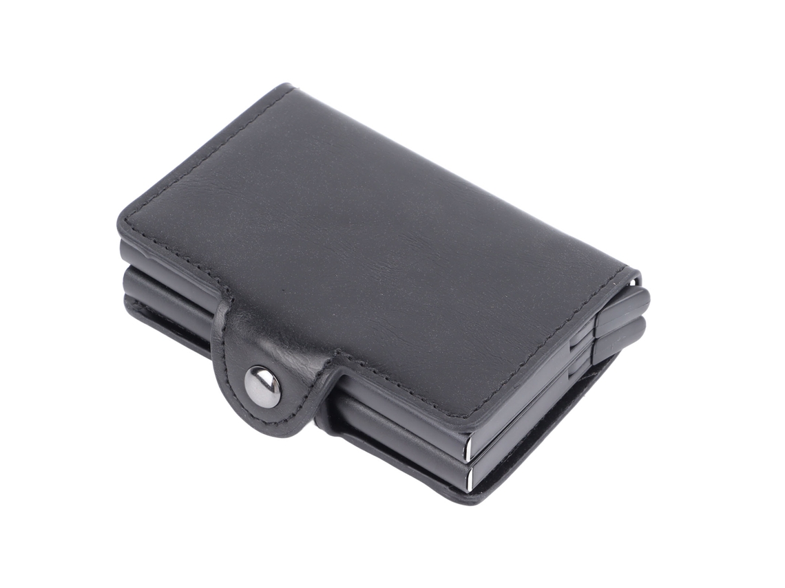 Tarjetero Anti-rfid De Aleación De Aluminio Y Poliuretano Negro Con Bloqueo Rfid Y Gran Capacidad.