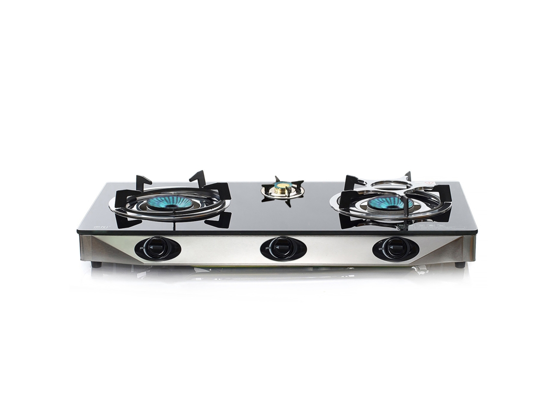 Estufa de gas portátil NJ NGB-S3 con 3 quemadores, vidrio negro, para caravanas, 7,8 kW