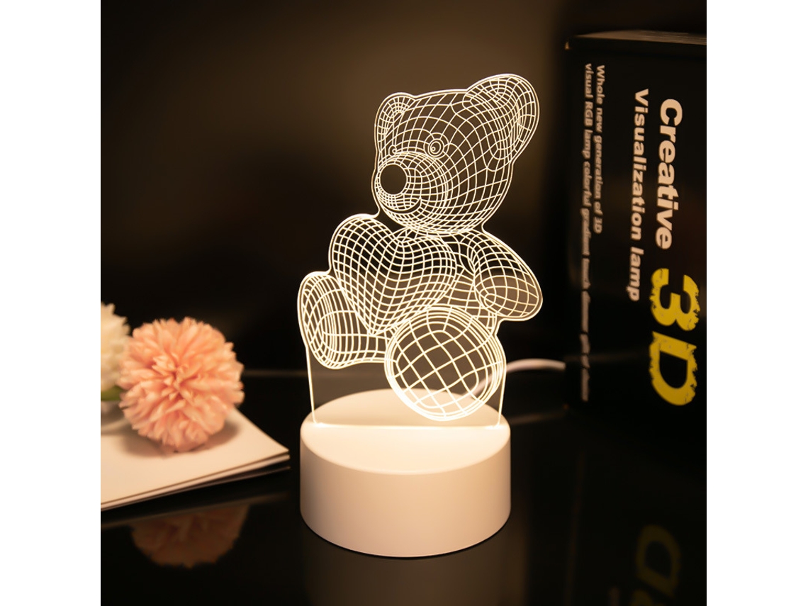 Lámpara de noche con ilusión 3D, interruptor táctil de 7 colores y fuente de alimentación USB (oso abrazando corazones)