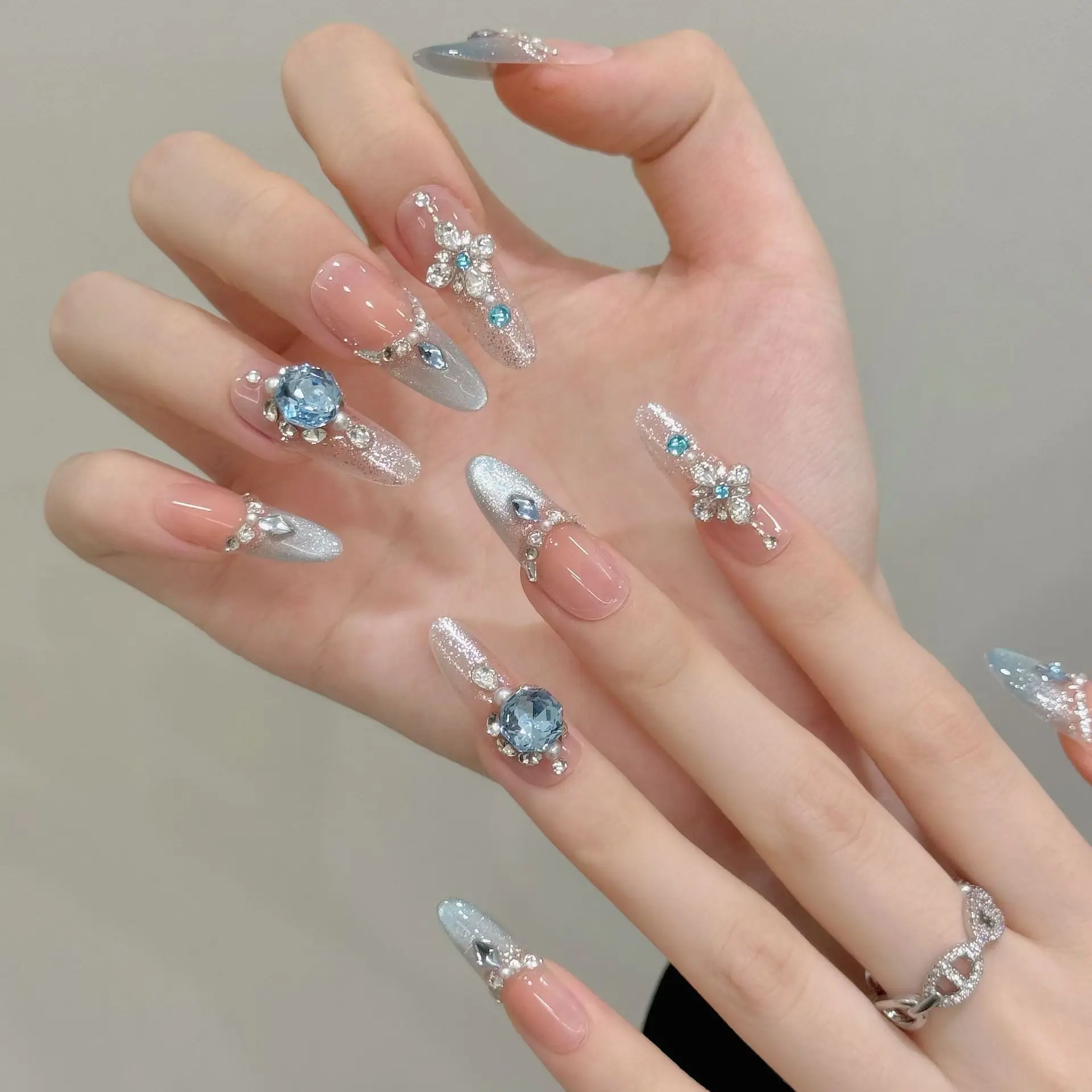 (3046-xs) Paquete De 10 Parches De Uñas Postizas Rectangulares Medianos Hechos A Mano