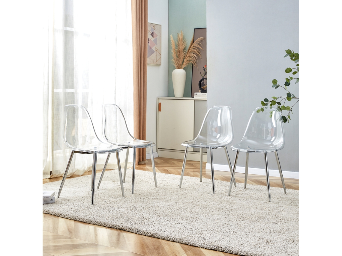 Juego De 4 Sillas De Comedor De Plástico Transparente Con Patas Plateadas.
