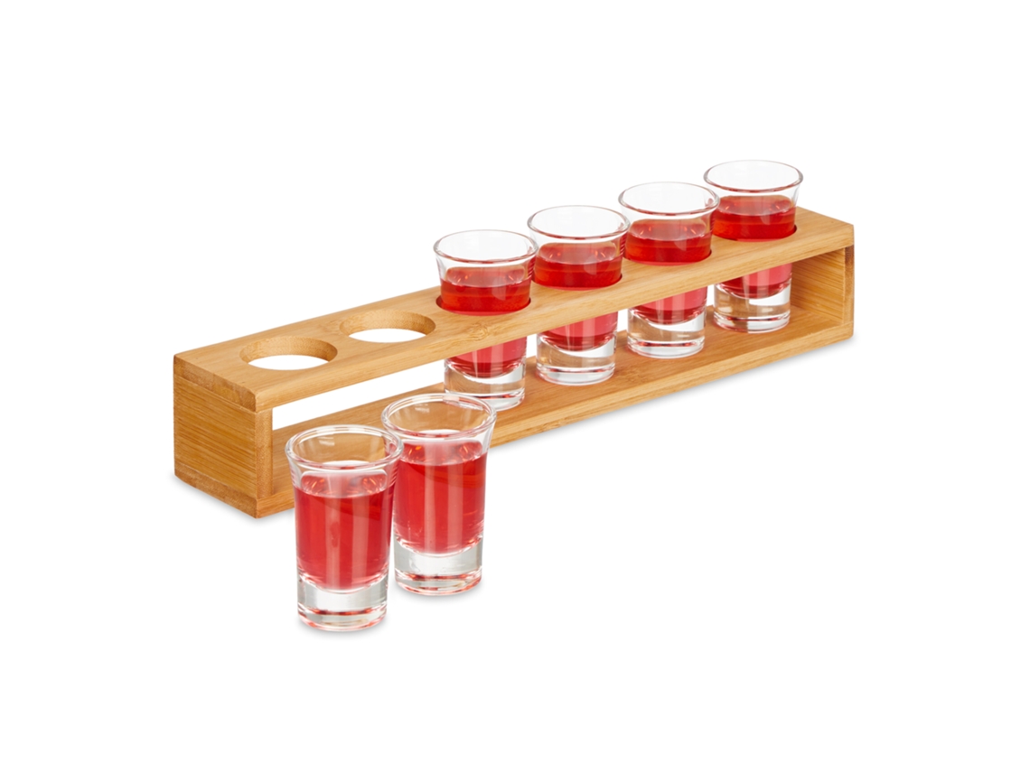 Relaxdays Porta Chupitos, Con 6 Vasos 4 Cl, Bandeja Para 6 Chupitos, Idea De Regalo, Soporte Licores De Bambú, Natural