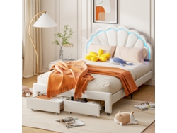 Cama Infantil Grande 140x200cm Con Cabecero De Concha, Luz Led Rgb + App Y Cajón - Cama Juvenil De Terciopelo Blanco Acogedora