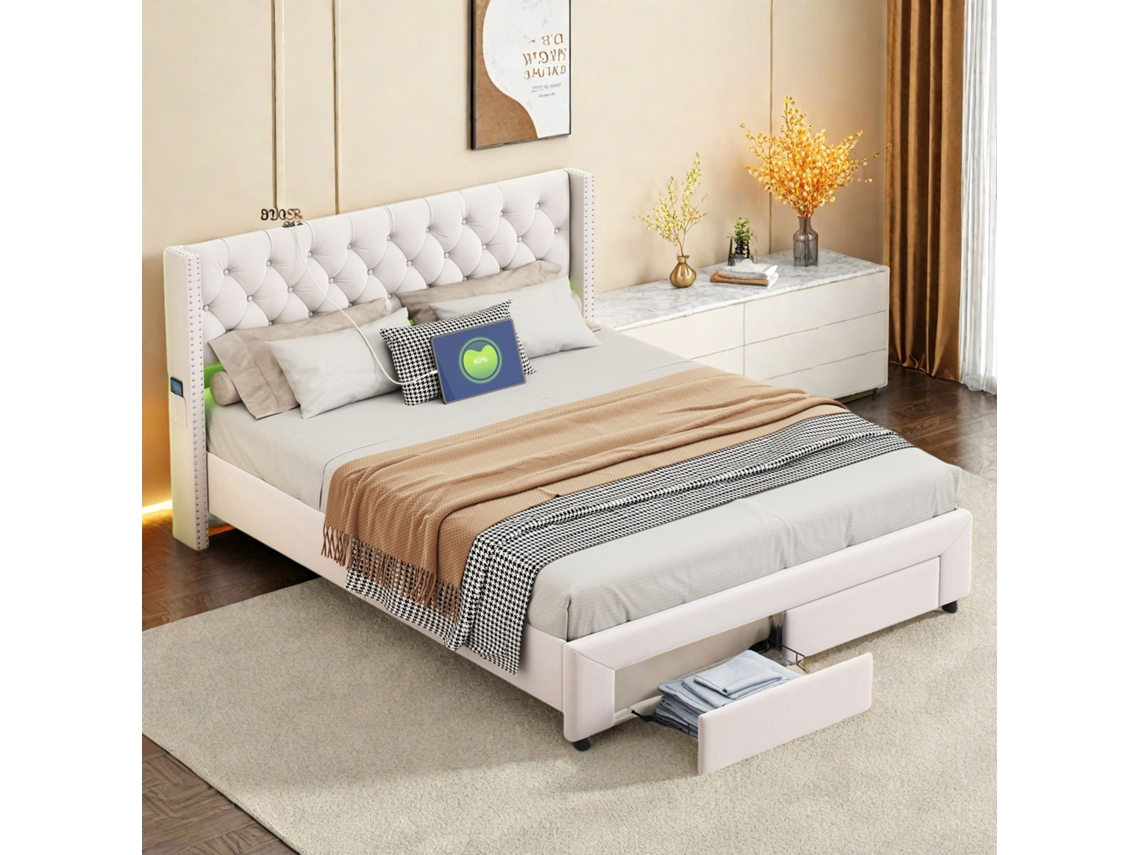 Cama Con Almacenamiento De 180x190 Cm En Terciopelo Beige, Cabecero Con Tachuelas, 2 Cajones, Puertos Usb, Bolsillos Laterales, Tira Led Extraíble.
