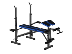 Banco de pesas con respaldo y soporte para barra ajustables para entrenamiento en casa o gimnasio, 175 x 139 x 127 cm, negro y azul.