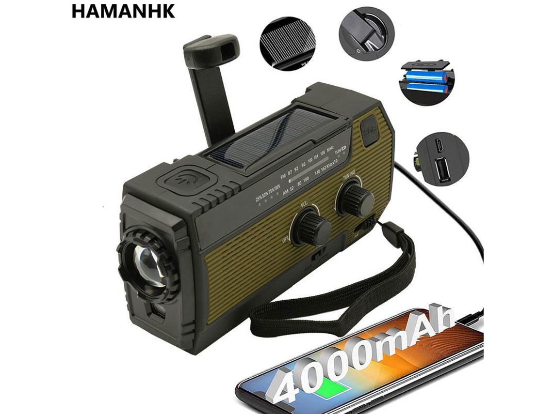 Radio multifuncional de 4000 mAh con FM, AM, WB, NOAA, carga solar y manivela, USB, linterna LED para emergencias y batería externa portátil. Viewleaf