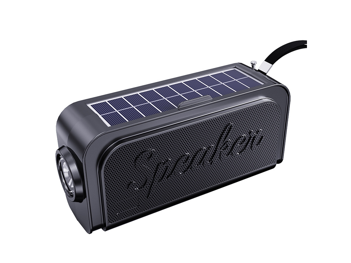 Radio FM portátil con carga solar, altavoz Bluetooth inalámbrico con linterna, compatible con tarjeta TF y disco U (negro)