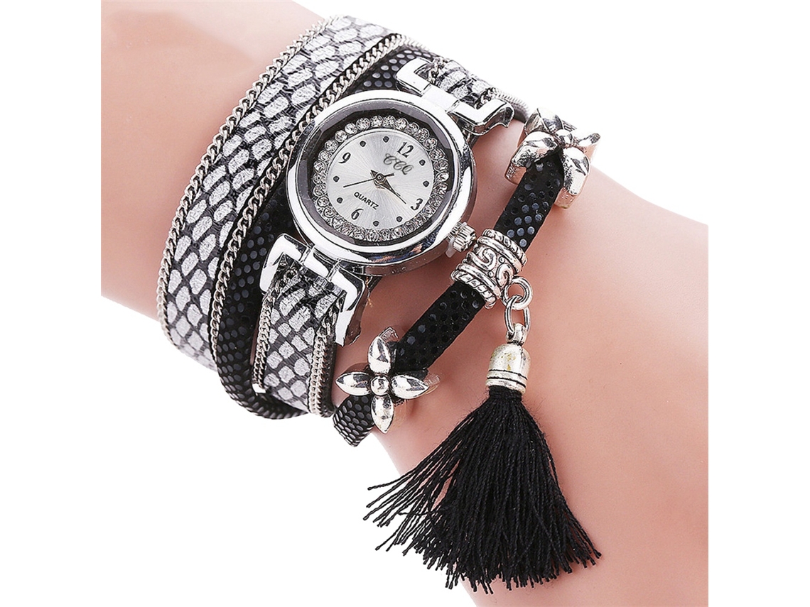 Reloj De Pulsera De Cuarzo Multicapa Para Mujer Con Piedras Preciosas (negro)