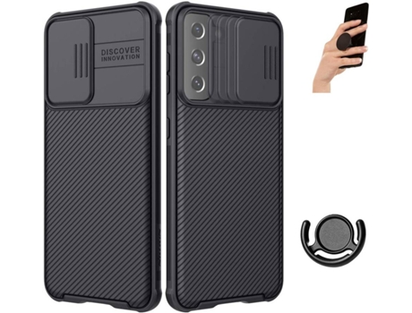 Funda y Popsocket para Samsung Galaxy S21 Plus PHONESHIELD Camshield Nillkin Negro
