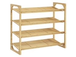 Zapatero de bambú, altura del estante 15,5 cm, diseño de listones ventilados, 76 x 33 x 67 cm, efecto madera natural.