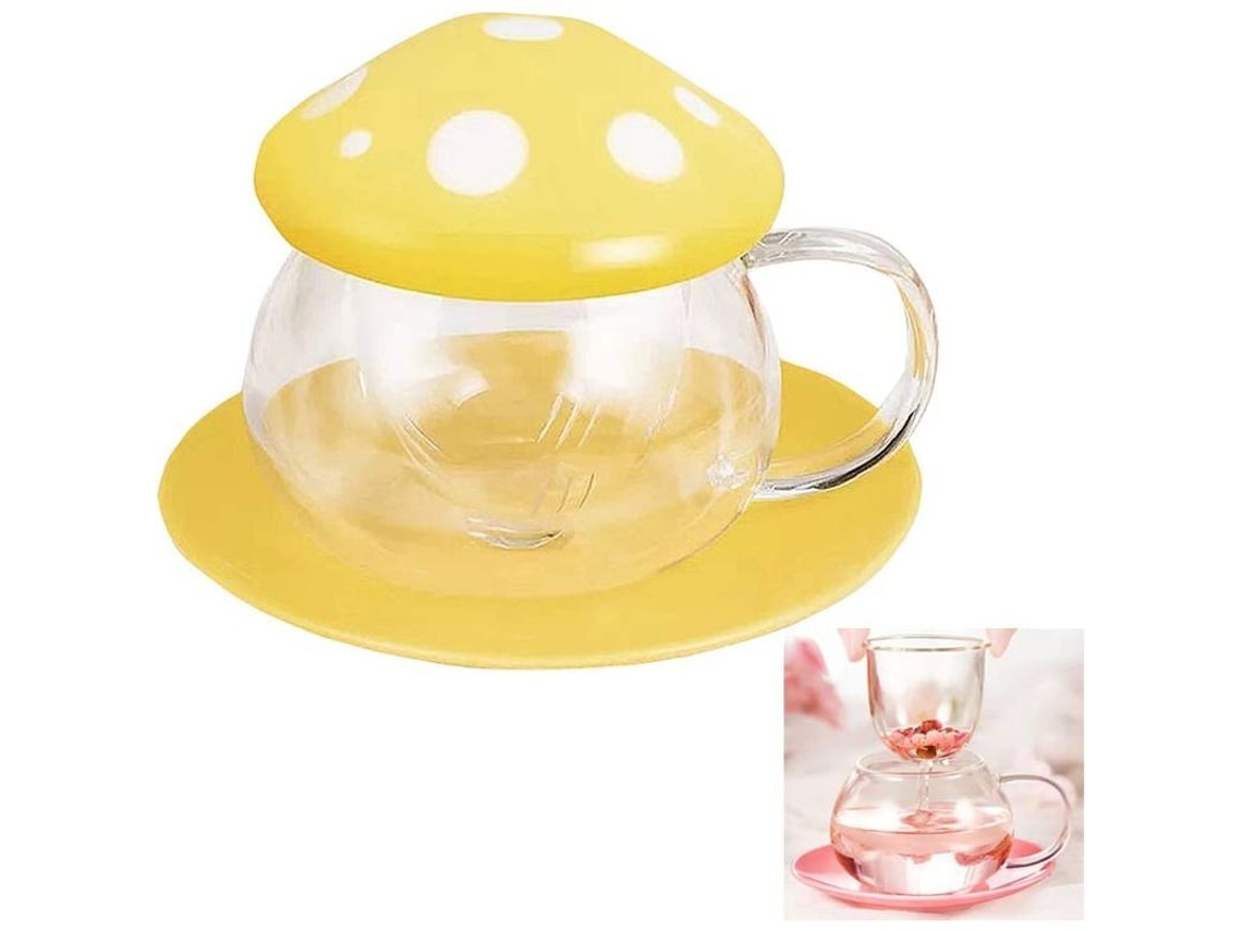 Taza De Té Champiñón De Vidrio Con Colador Filtro Placa Cerámica 290ml Naranja