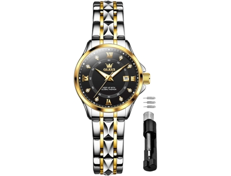 VEANXIN Reloj mecánico automático para mujer con diamantes en oro, acero inoxidable clásico de dos tonos(cara negra dorada plateada)