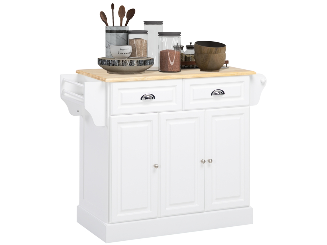 Carrito De Cocina Con Ruedas, Isla De Cocina Con 2 Cajones, Especiero Y Toallero, 110x45x91 Cm, Blanco