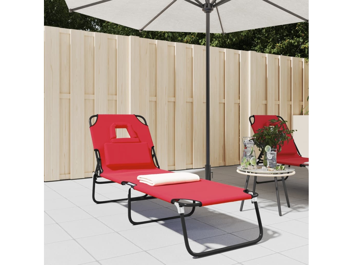 Tumbona plegable HARLANV1 en tela Oxford, acero con recubrimiento de polvo rojo.
