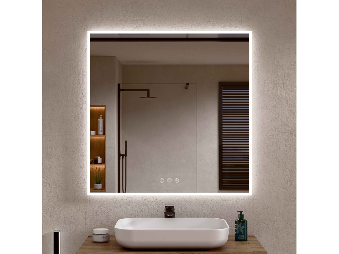 Espejo de Baño con Luz LED Perimetral, Luz Regulable en 3 Colores e Intensidades, Antivaho, Aluminio Blanco 80 x 80 cm Bellobath