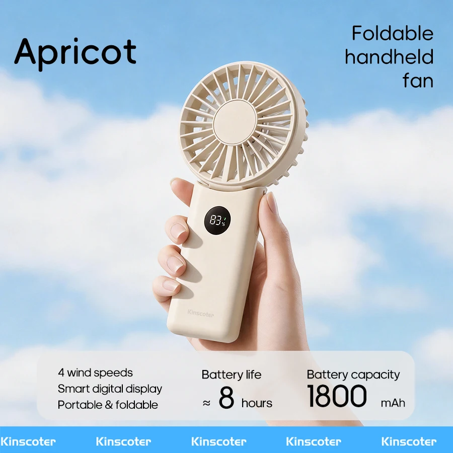 (albaricoque) Mini Ventilador Portátil Plegable De Mano, Batería De 1800 Mah, Pantalla Led, 4 Velocidades De Viento, Ángulo Ajustable.