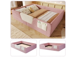 Cama Tapizada De 140x190 Cm, Barandilla Lateral Desmontable, Bolsa De Almacenamiento, Terciopelo Rosa.