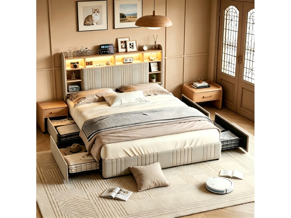 Cama Con Espacio De Almacenamiento 140 X 200-cama Doble Con Led-para 2 Personas-toma Usb/tipo C Multifunción-cama Tapizada En Lino-colchón No Incluido