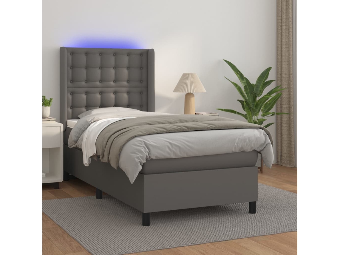 Cama Box Spring Colchón Y Led Cuero Sintético Gris 100x200 Cm