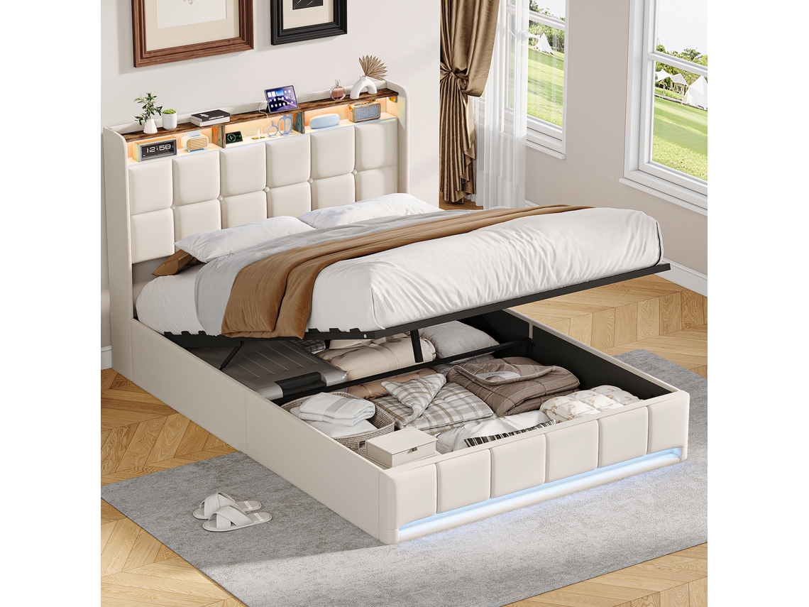 Cama Doble 140 X 190 Cm, Cama Tapizada Con Led, Usb Tipo C, Cabecero Con Espacio De Almacenamiento, Beige, Tejido De Lino