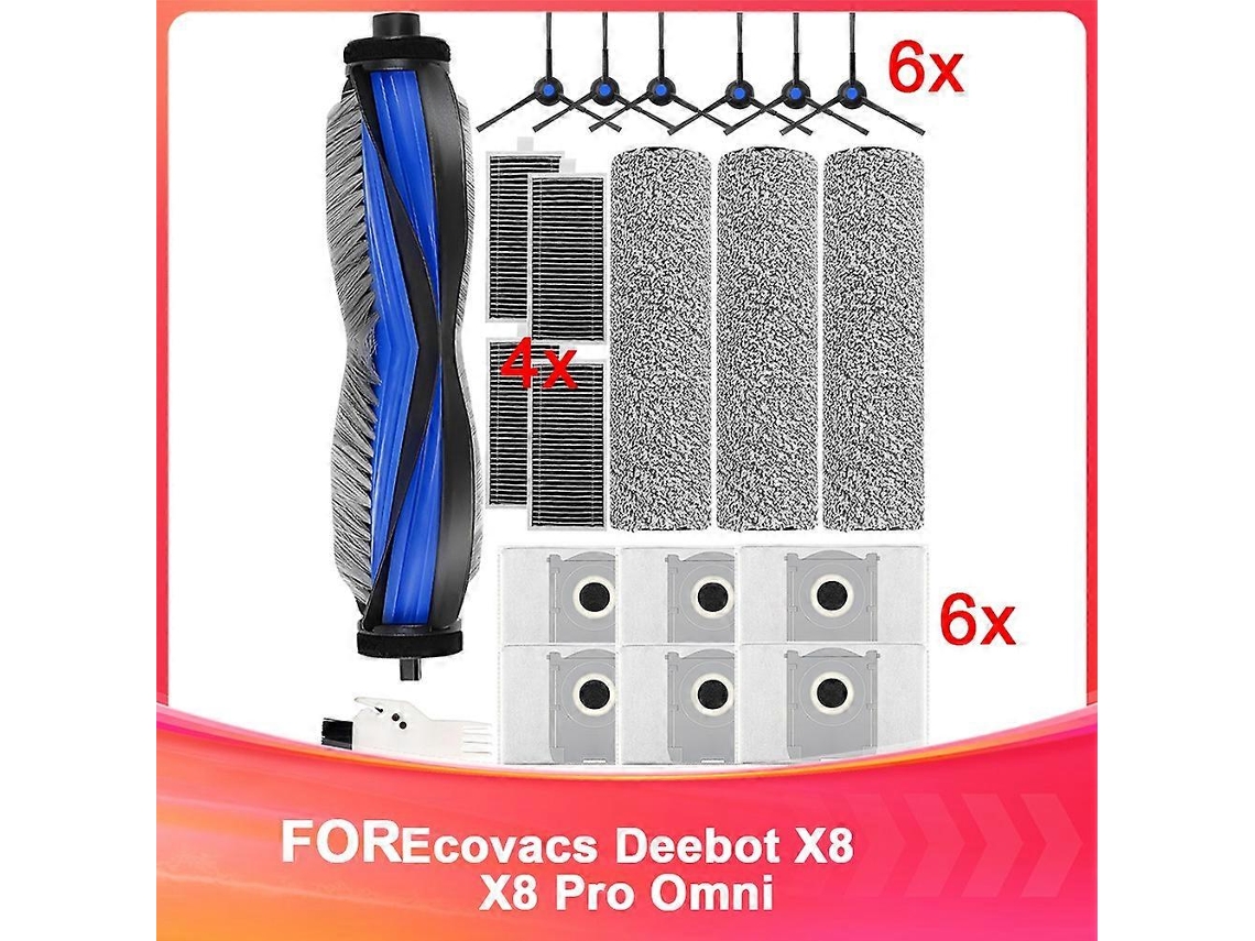 Kit de accesorios para X8 y X8 Pro Omni: Incluye bolsas para el polvo, filtros HEPA, cepillos laterales, mopas giratorias y aspiradora principal.