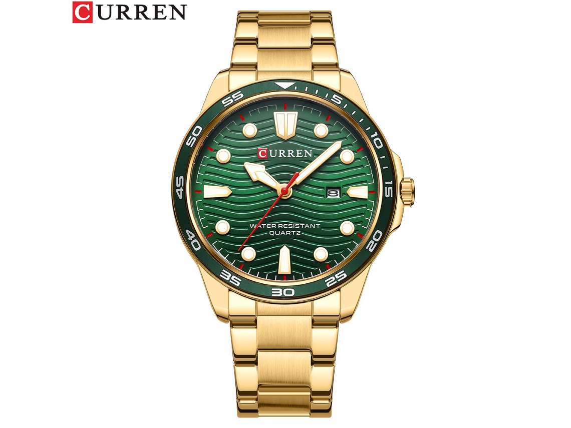 Reloj De Cuarzo Impermeable (dorado Y Verde) Con Correa De Acero Inoxidable, Reloj De Negocios Para Hombre Con Fecha Y Diseño Ondulado.